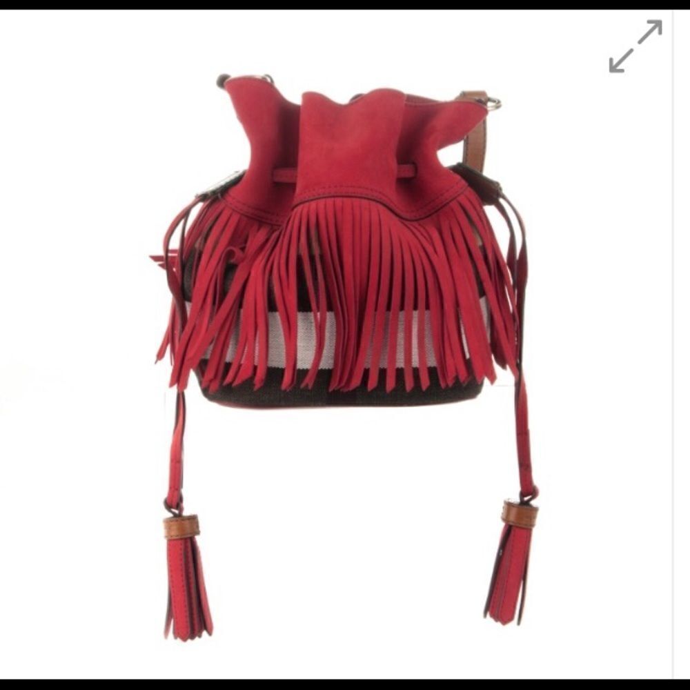 Burberry Belgrove Red Fringe Suede‎ Leather Nova Check Bucket Bag Crossbody - Picture 2 of 13